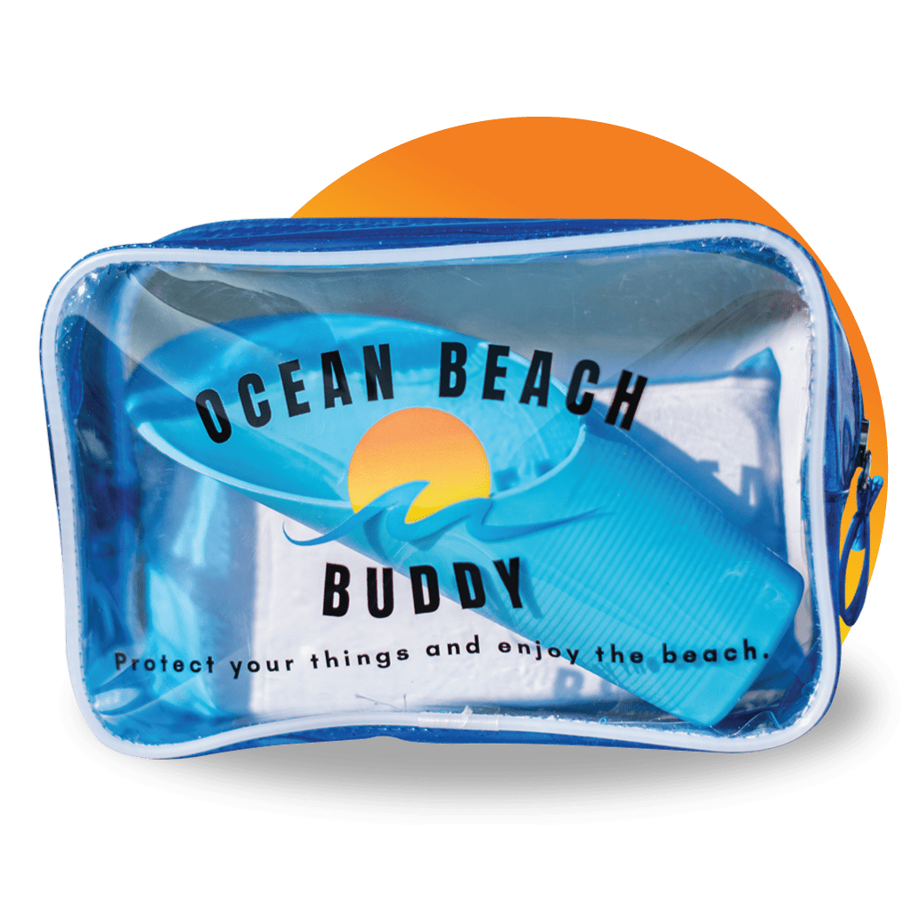 A clear bag with the ocean beach buddy logo on it.